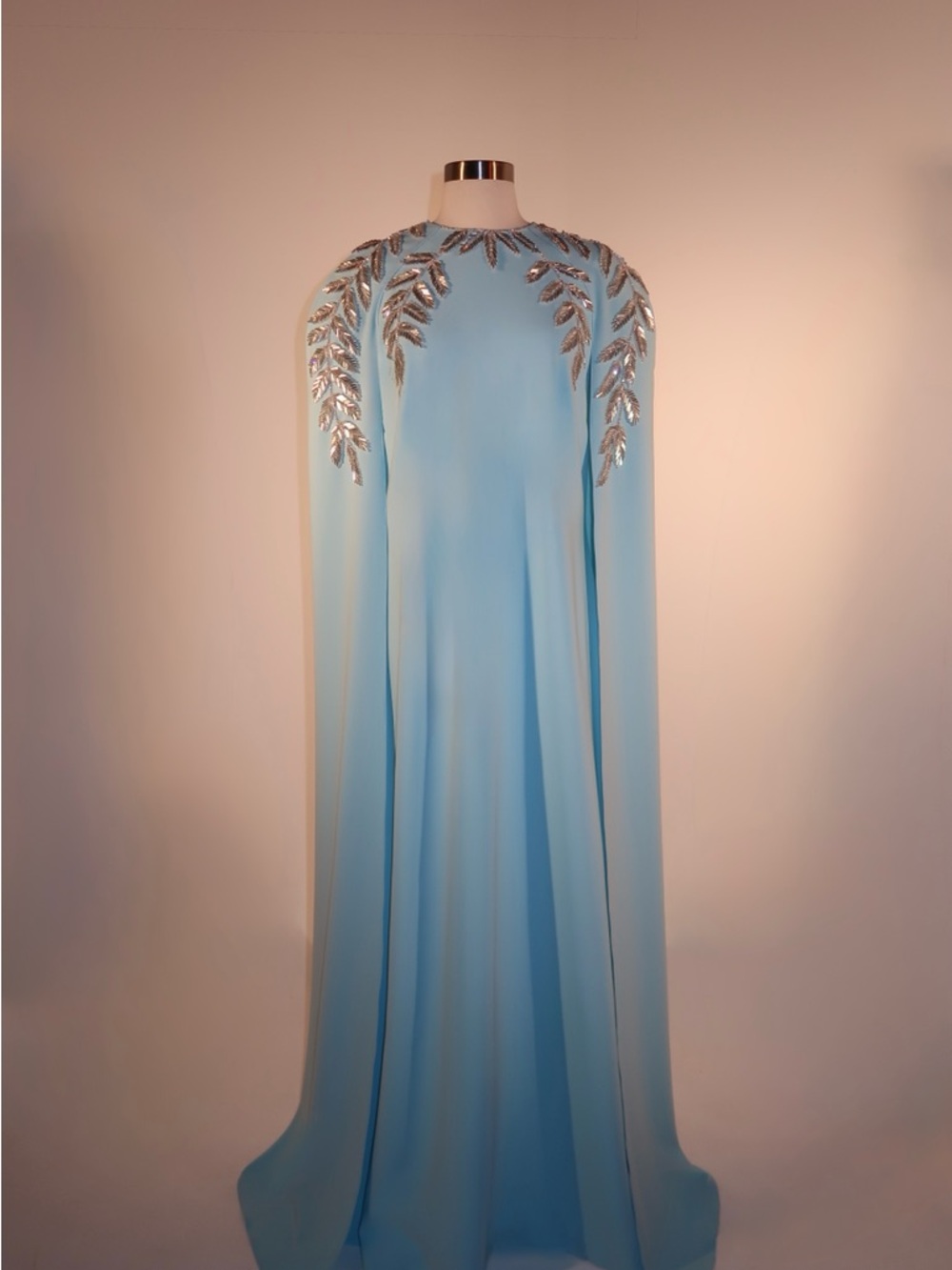 Light Blue Maxi Cape Dress with Silver Leaf Embellishment